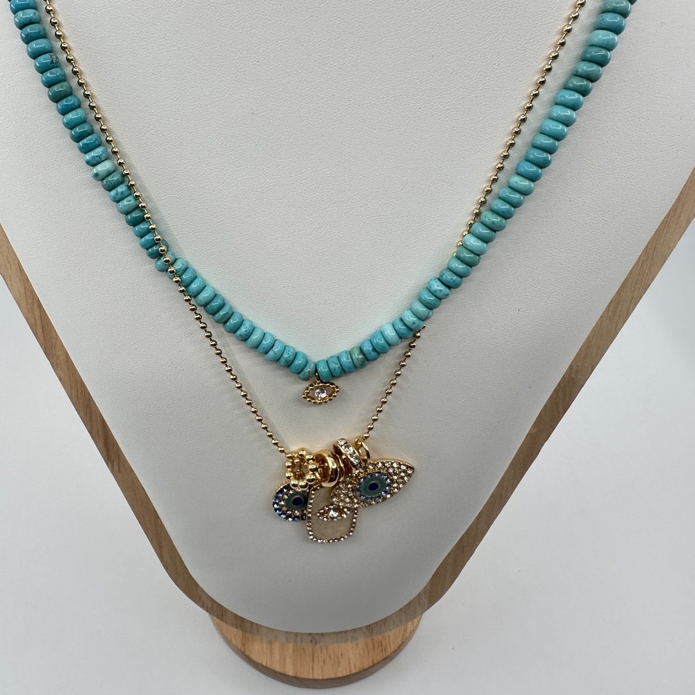 Turquoise & Gold Tone Beaded Evil Eye Layered Necklace Rhinestone Bohemian Gift - Picture 3 of 17